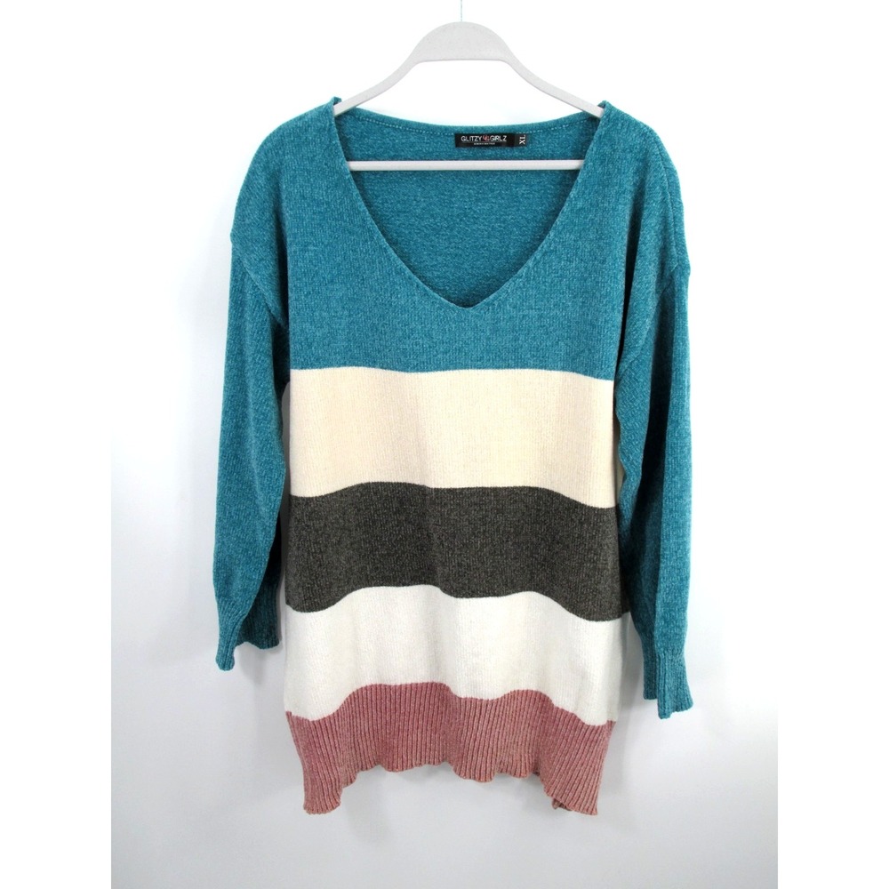 GLITZY GIRLZ Pullover Velour Sweater Womens XL Multicolor Color Block V-Neck